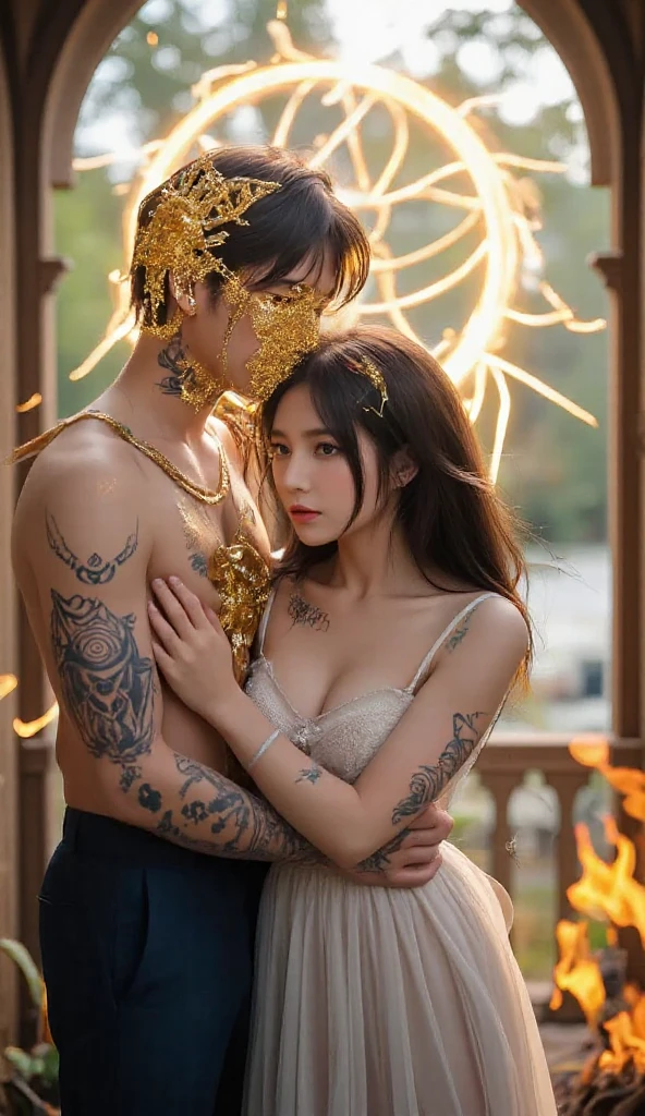 torches, natta、Candlelight、A desert、great plains, Great Pyramids of Egypt、The Three Great Pyramids of Egypt、in 8K, Highest Quality, Ultra Details, Breathtaking sunset.realisticlying, hight resolution, strong naked man、No chest hair、Two men and women、Korean Male、Korean female、Man and woman staring at each other，Man and woman facing each other、Silver hair, e Blue Eyes, black lace up panties，Bondage Fashion, The tattoo, piercings, a necklace、A bracelet、Bloods, 　Sweaty skin、dripping white liquid, Large amount of liquid , Gel that adheres to the skin, Beads of sweat dripped down my buttocks、Large chest，Wide buttock，Angle from behind, Angle from the front、Women's buttocks，kneel down on the ground，sideways person、person looking at camera，ssmile，wide wide shot，Cinema Lens，Skin glow，