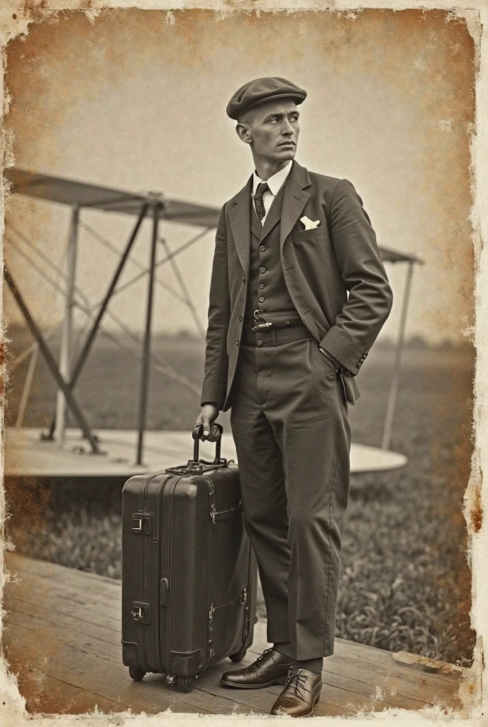 A photograph on a color marble table, old photograph from 1903, a tear on one side of the photograph, the photograph is of a Wright Flyer, Wilbur Wright looking for his luggage, no luggage visible, scratching his head, very detailed, aged photograph, black and white photograph, 