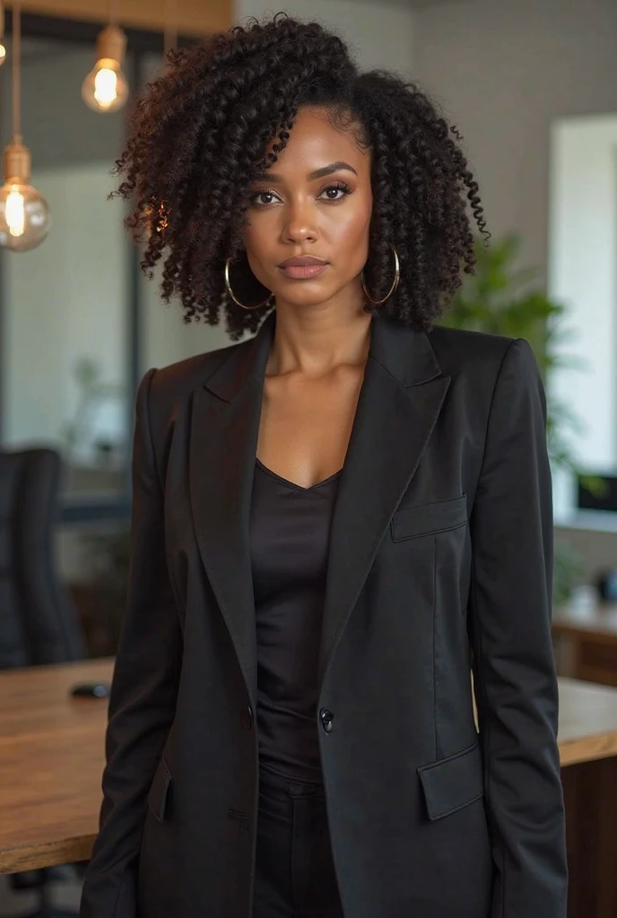 strong black lady with 4C afro in a light blue suit