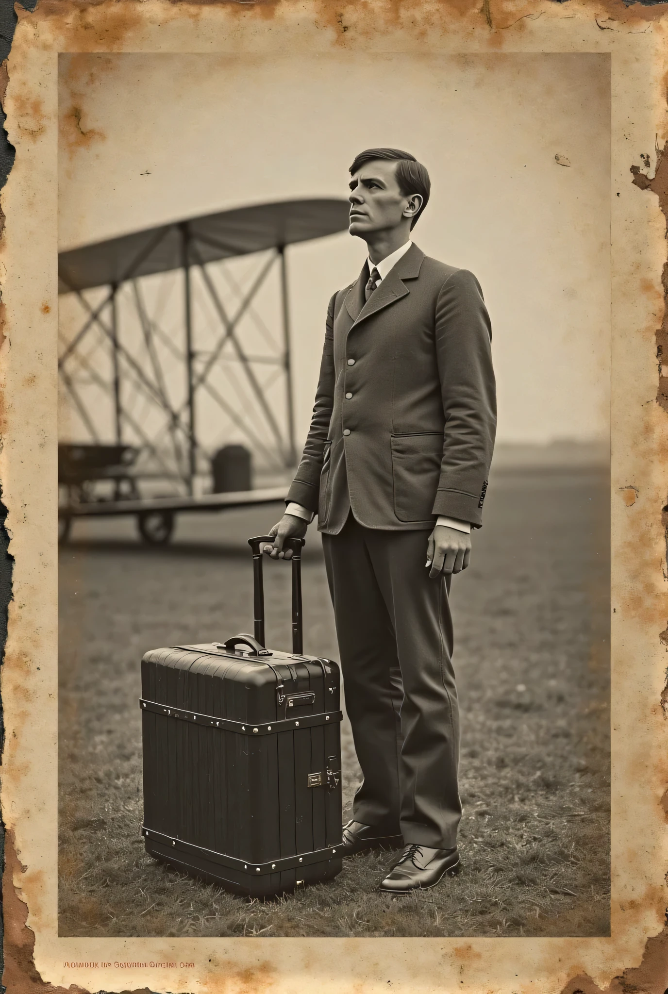 A photograph on a color marble table, old photograph from 1903, a tear on one side of the photograph, the photograph is of a Wright Flyer, Wilbur Wright looking for his luggage, no luggage visible, scratching his head, very detailed, aged photograph, black and white photograph, 