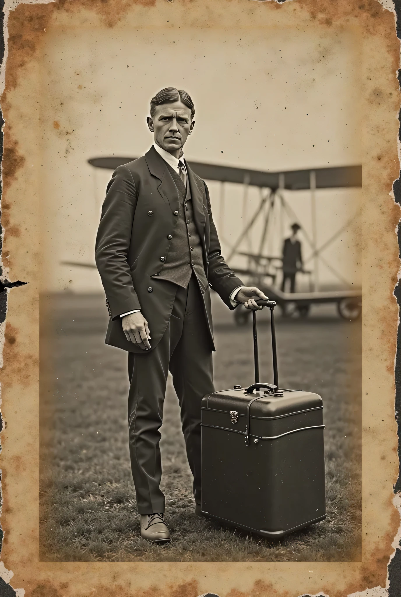 A photograph on a color marble table, old photograph from 1903, a tear on one side of the photograph, the photograph is of a Wright Flyer, Wilbur Wright looking for his luggage, no luggage visible, scratching his head, very detailed, aged photograph, black and white photograph, 