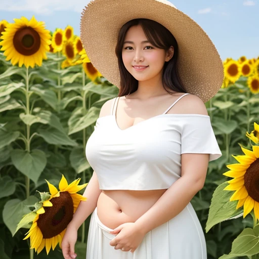 a chubby japanese girl, 1girl, beautiful detailed eyes, beautiful detailed lips, extremely detailed face, longeyelashes, very large breasts, detailed thighs, intricate details, warm colors, delicate skin, floral bikini, sitting in a field of flowers, peaceful expression, soft lighting, cinematic lighting, depth of field, cowboy shot, anatomically correct, textured skin, best quality, 4K, 8k, highres, masterpiece, super detail, accurate, UHD