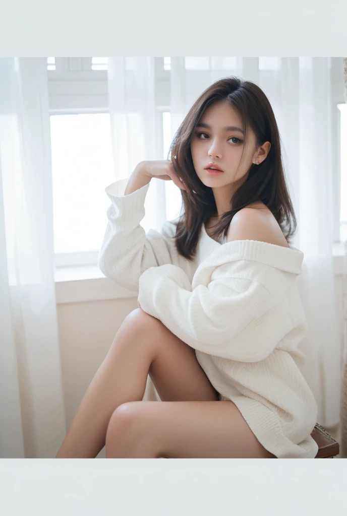 top quality, A beautiful woman, black hair ,  Nature , room illuminated by morning sunlight. woman in loose clothes, Light-colored dress, Partially revealing the casual elegance of her figure. The whole room is bathed in soft air,  The morning sun shines through the windows,Morning light brings freshness to the picture, peaceful atmosphere. she is simply, 35mm lens, F/1, Cowboy shooting, flat chest, Sitting on the bed ,(White background: 1.3)