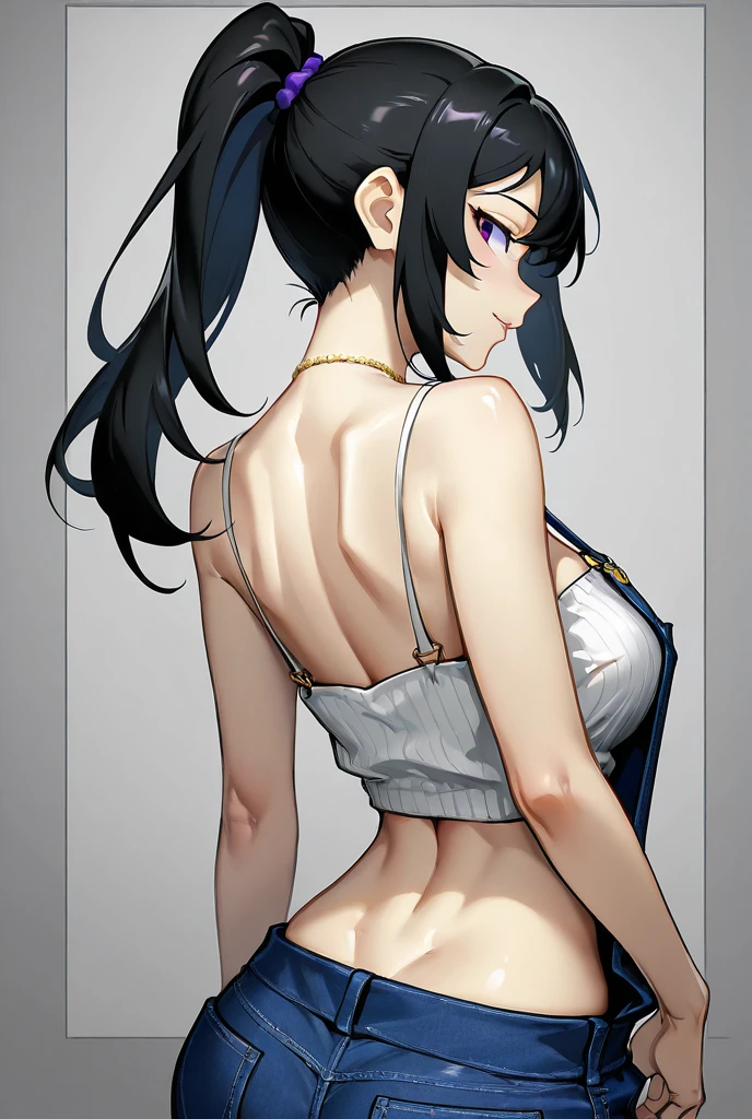 masterpaintings, beste-Quality, 1girl huge large breasts, solo, Complicated details, color difference), (realisic),(The skin), 1 girl Shizuku high ponytail, ((Medium breathing)),(black har,hair between eyes),Detailed hair,Red headdress,Blue highlight, Hair is more than one eye,blue eyes, Small earrings, sharp sharp eyes, necklac,((tan skin)),(Symmetrical eyes),(Perfectly symmetrical body),((natural lights))), The light from the back window is backlighted,To gray walls, dimly lit by,are standing,(looking at the spectator),((Center the lens,from frontal,(Face and waist)Visible chest line Deep V realistic, high resolucion, 1 girl, Black wavy hair, small mole under eyes,Camisa blanca, Black pleated skirt, Distinct chest line, Long legs, Tightens abs,dynamicpose,Catwalk Chest line Black pleated skirt Wearing a jacket to reveal a white bra Showing belly button eyes High ponytail Big breasts White eyeballs Sexy