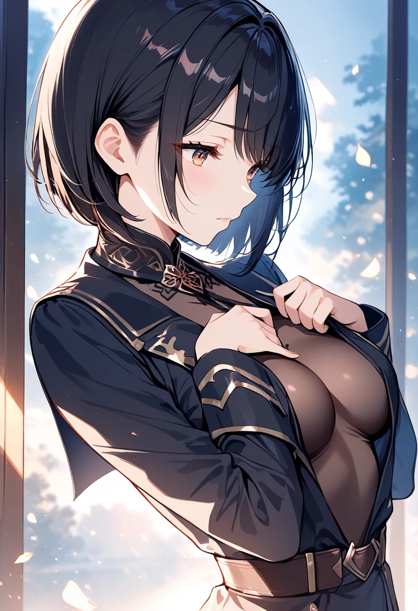 1girl, highly detailed, masterpiece, best quality, correct hands, medium breasts, short black hair, short hair, blue eyes, black robe, black pants, purple shirt, blue vest, defined curves, smug look, satisfied look, mountain background, storm, lightning, stormy atmosphere, flying, floating above the ground, surrounded by lightning, static sparks, sword