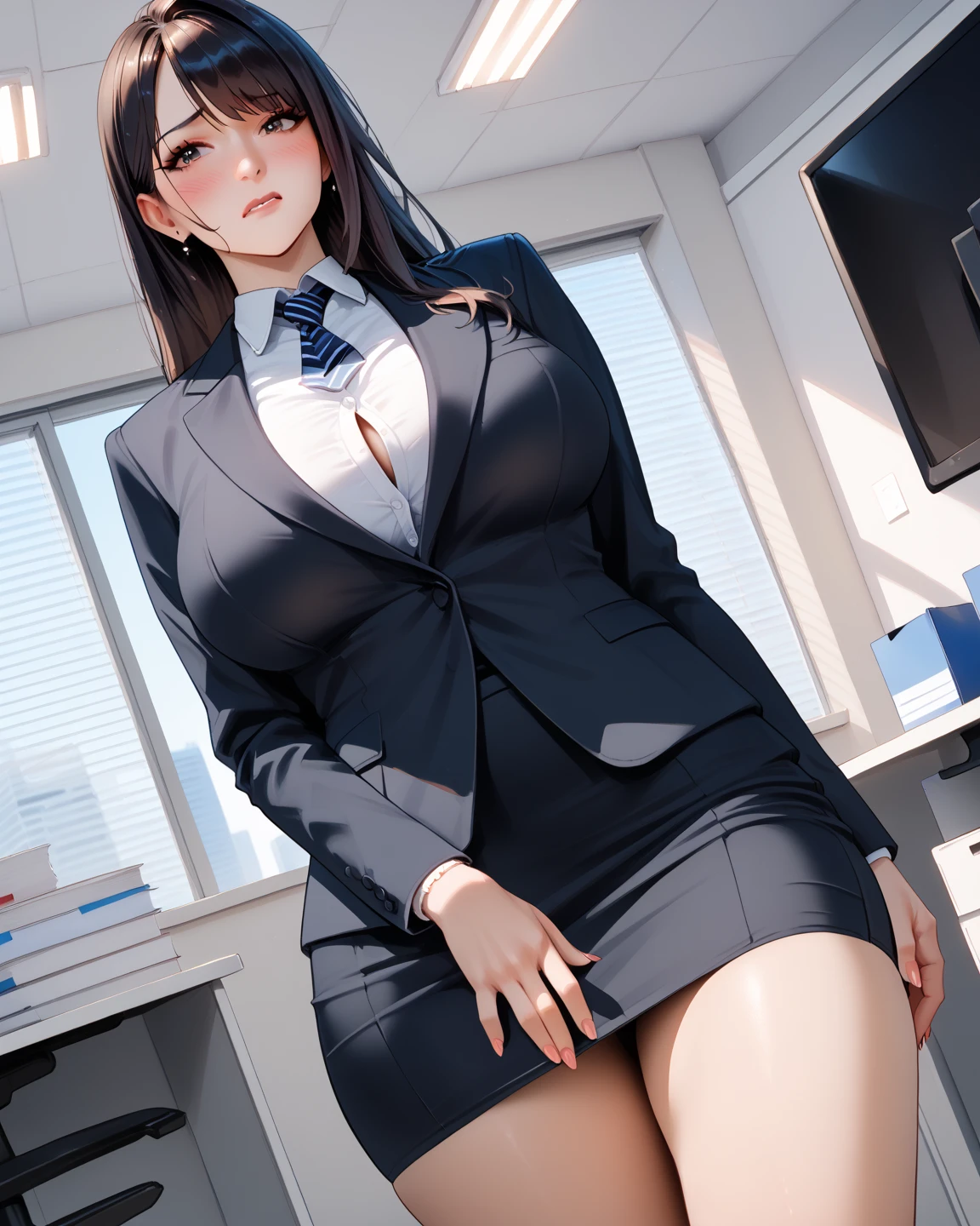 there is a woman in a dress shirt and tie standing in a room, noire moody scene, 8 k sensual lighting, (sfw) safe for work, a hyperrealistic schoolgirl, realistic schoolgirl, realistic soft lighting, hyperrealistic schoolgirl, realistic masterpiece, wearing a strict business suit, highly detailed soft lighting, soft cinematic lighting, life simulator game screenshot