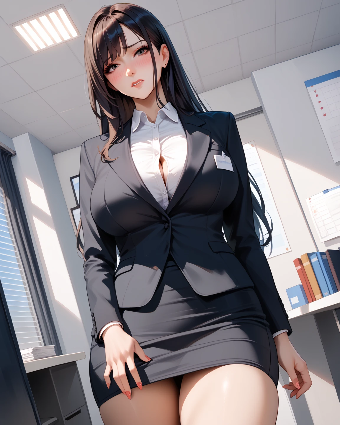 (solo 1 very skinny office lady standing in office:1.3), (swaying back), standing exactly, (arms behind back), (business suits:1.3), (black blazer with closing chest:1.3), (white dress shirts under blazer), (bursting gigantic huge breasts:1.2), necktie, (inconceivably narrow waist:1.2), too short black skirt, thigh gap, highheels, nose blush, perfect anatomy, (orgasm), pussy juice dripping down between things
