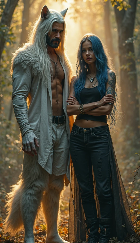 Man with long straight white hair,Red eyes,camiseta blaca,black jacket,dark blue pants,black boots and white monkey tail Next to a woman with a sexy body,blonde with long hair tied with a red ribbon,blue eyes,white cropped sleeveless t-shirt,black pants stuck to his legs,Brown boots