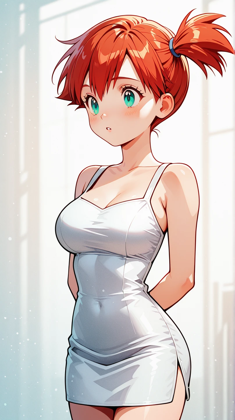 short red hair, short white dress, big chest, small waist, black stockings , beautiful black