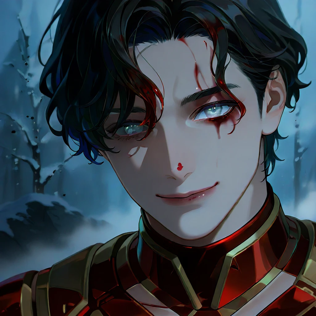 a 17-year-old teenage boy, 1 boy, brown short hair, light brown short hair, short hair parted in the middle, man's short hair with locks, bright green eyes, without a beard, silver and red colored medieval knight armor, red clothes, sharp teeth, (crazy smile:1.2), crazy eyes, blood splatter on face, dark and forbidding forest, with scary trees, thunder in the black sky, (wide-eyed:1.2), glowing eyes, anger face, shaded face, mouth and tongue soiled with blood, blood on teeth, thirst for blood, bloodlust, full body, dark, black night, darkness
