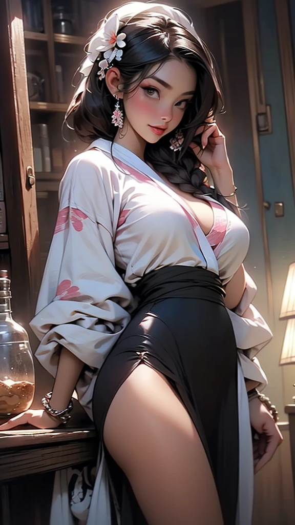 (8K, RAW Photos, highest quality, masterpiece:1.2), (Realistic, photo-Realistic:1.37)、26 year old Japanese woman、Hair is black、Eye color is indigo、long hair、I braid it lightly、Venus Body、Having her hair done、My chest is popping out、Wearing accessories on the ankle、smile、I'm wearing a hairband、Wearing a sheer tie-front shirt、The belly button is visible、Wear a navy blue low-rise micro mini pleated skirt、smile
