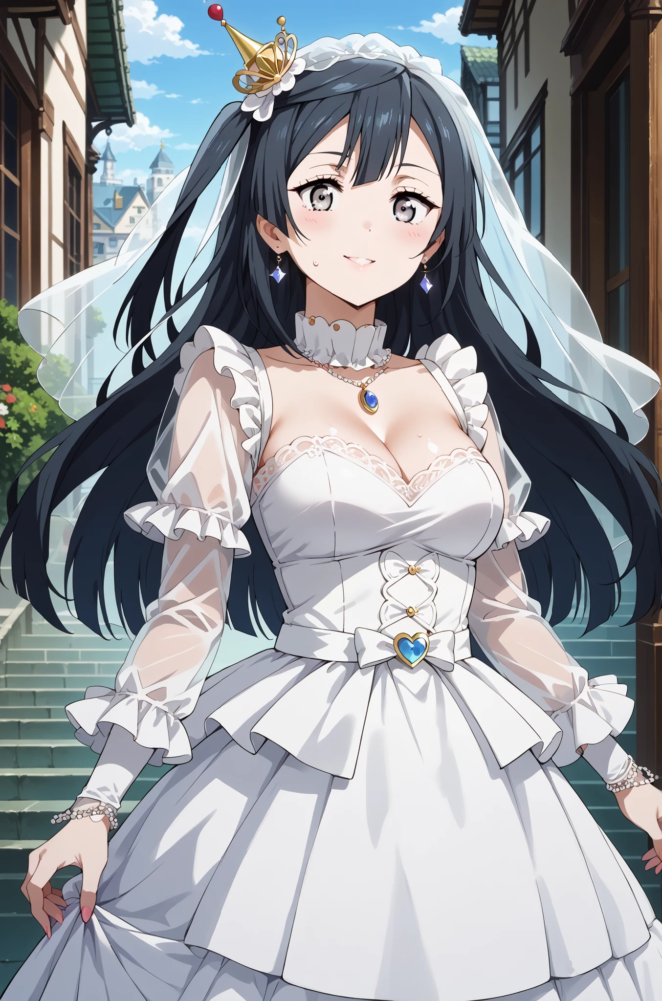 score_9, score_8_up, score_7_up, source_anime, 4K,perfect fingers,(perfect hands, perfect anatomy),prefect lighting, very aesthetic, intricate details,highly detailed background, masterpiece, high quality, best quality,
1girl, setsuna yuuki, yuuki setsuna (love live!), long hair, bangs, black hair, sidelocks, grey eyes, one side up, hair ornament, Large Breast,,
wearing (( transparent tulle wedding dress with long sleeve,   )) ,,
((hands on huge hips:1.2)),