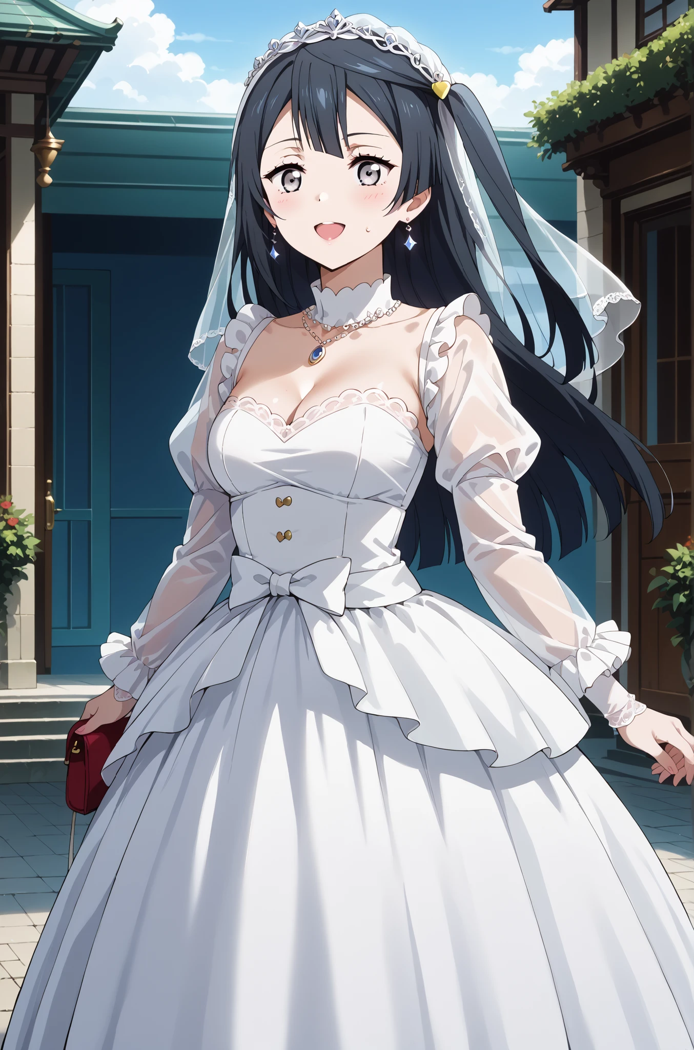 score_9, score_8_up, score_7_up, source_anime, 4K,perfect fingers,(perfect hands, perfect anatomy),prefect lighting, very aesthetic, intricate details,highly detailed background, masterpiece, high quality, best quality,
1girl, setsuna yuuki, yuuki setsuna (love live!), long hair, bangs, black hair, sidelocks, grey eyes, one side up, hair ornament, Large Breast,,
wearing (( transparent tulle wedding dress with long sleeve, )) ,,
((hands on huge hips:1.2)),
