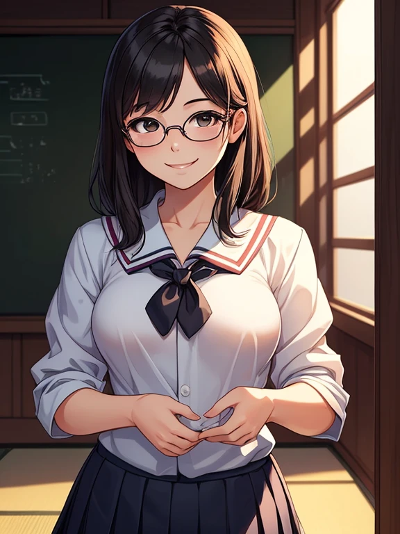 "Best quality, Masterpiece:1.2, absurd, 1 girl, smile, open door, Behind the door, school entrance door, high resolution, ultra detailed, realistic:1.37, vivid colors, studio lighting, bokeh"Sexy teacher in a classroom giving a welcome, with glasses and her hair tied up, very pretty, pointing at the stone and teaching mathematics,  tight and fitted to her body, short skirt and cleavage on display, students sitting in their seats, nice teacher how many anal