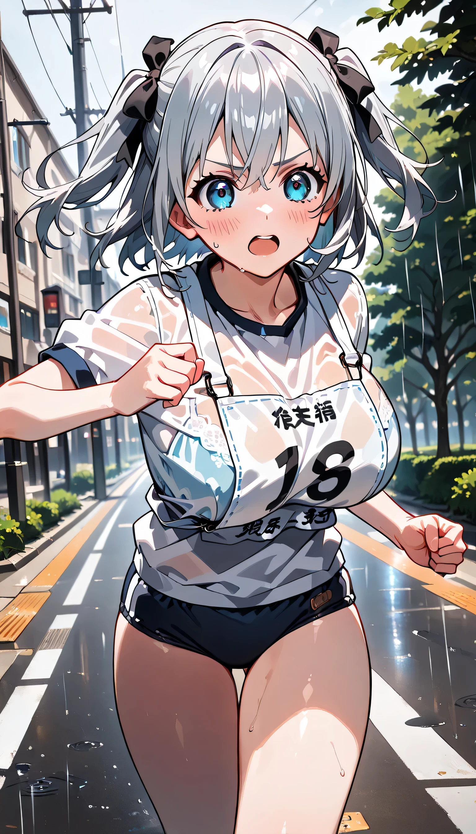 ((ultra-detailed)), (highly detailed CG illustration), (best quality:1.2), ultra-highly detailed, colorful composition, artistic photoshoot, 1girl, solo focus, ((thigh to top:1.4)), ((cowboy shot:1.4)), moe anime character, girl, dainty facial structure, (baby face), (round face), ((rounded chin:1.2)), ((ideal ratio body proportions)), celia-default, celia claire, (blue eyes), sparkle eyes, ((silver hair color:1.4)), ((two side up:1.4)), (hair ribbon with red), ample breasts, (navy blue school gym buruma), ((Marathon bib number:1.3)), blue bra underneath a little see-through the top of the clothes, wet clothes, ((wet body)), serious, ((open mouth1.2)), ((full face blush:1.2)), ((sweat:1.4)), ((running on the road:1.4)), ((raining)), ((from front)), dynamic pose, contrapposto pose, best quality, expecting, pink cheek, blush, light pink gloss slip, portrait, depth of field, soft lighting, sidelighting, (shine), lighting, caustics, ray tracing, perfect face, lustrous skin, highly detailed face, highly detailed eyes, perfect face, perfect nose, perfect hair, perfect eyes, perfect anatomy, beautiful hair, beautiful small face, extremely detailed face, beautiful detailed eyes, beautiful clavicle, beautiful body, beautiful huge breasts, leavage, breasts squeezed together, equalize the size of the left and right breasts, beautiful thin thighs, beautiful legs, beautiful fingers, ((4 fingers)), 1 thumb, lovely, (very detailed background:1.0), (highly detailed background:1.0), rainy aesthetic, intricate details, rainy atmosphere, rainy colors palette, chromatic aberration