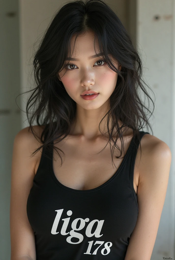 a korean man with very realistic black hair, sensual pose, charming look,jungwoo, realistic, good quality. high definition, white skin, professional model, wears sleeveless shirt with metal band print, photo shoot, white background, realistic black hair.
