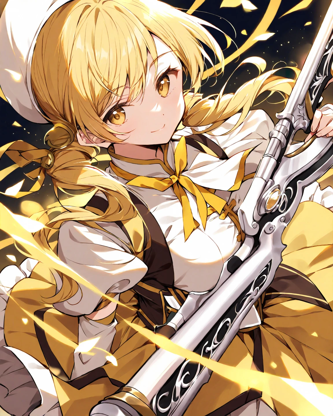 "Create a highly detailed and dynamic illustration of Mami Tomoe (巴マミ) from 'Puella Magi Madoka Magica.' She should be depicted in her magical girl outfit, which includes her signature yellow dress, white blouse with puffed sleeves, and brown corset. Ensure her hair is styled in her characteristic curly pigtails with golden ringlet tips, adorned with a small hat. Include her signature weapon, the flintlock muskets, creating a sense of action and intensity. The background can be a magical, slightly dark and surreal landscape, hinting at her witch-hunting activities. Use vibrant colors and dynamic lighting to bring out the contrast between her elegant appearance and the intense atmosphere."