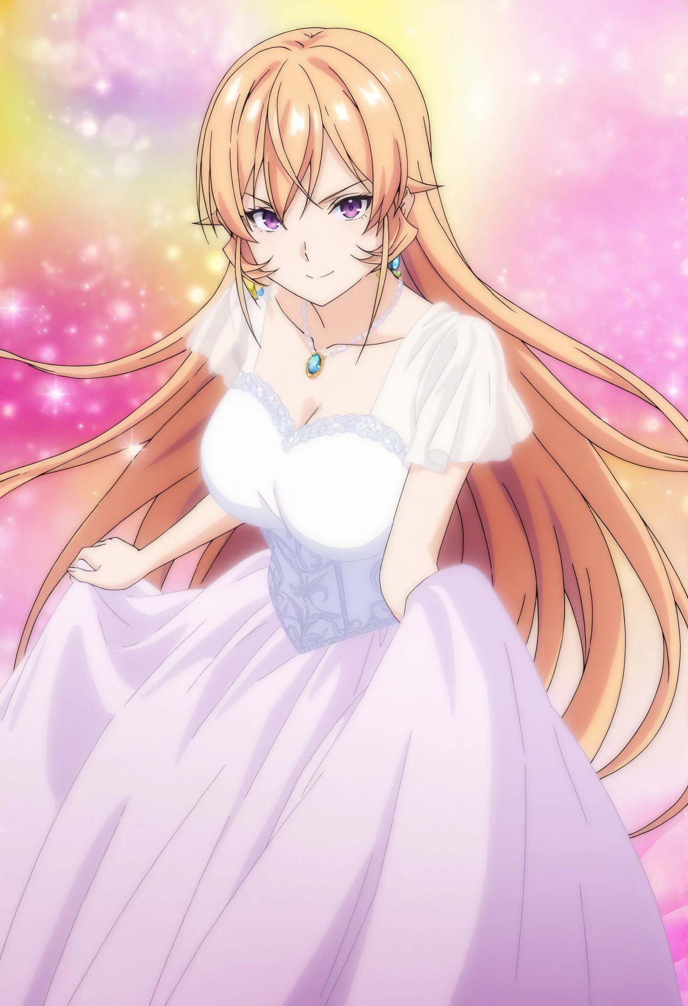 Official anime artwork,anime screencap,anime coloring,masterpiece,best quality,Nakiri Erina,very long hair,blonde hair,hair between eyes,purple eyes, Design a detailed, elegant princess ballgown for a young anime-style noblewoman. The dress should be primarily rich pink with light pink and white accents. Include puffed short sleeves, a fitted bodice with soft pink detailing, and a voluminous layered skirt. Add delicate white lace around the neckline and sleeve edges. Accessorize with a golden crown adorned with red and blue jewels and a silver heart-shaped necklace. The character has long, flowing, orange-blonde hair and a regal, graceful presence. The style should be vibrant, colorful, and suitable for a fantasy anime setting. Looking at viewer
, full body , close up, big chest