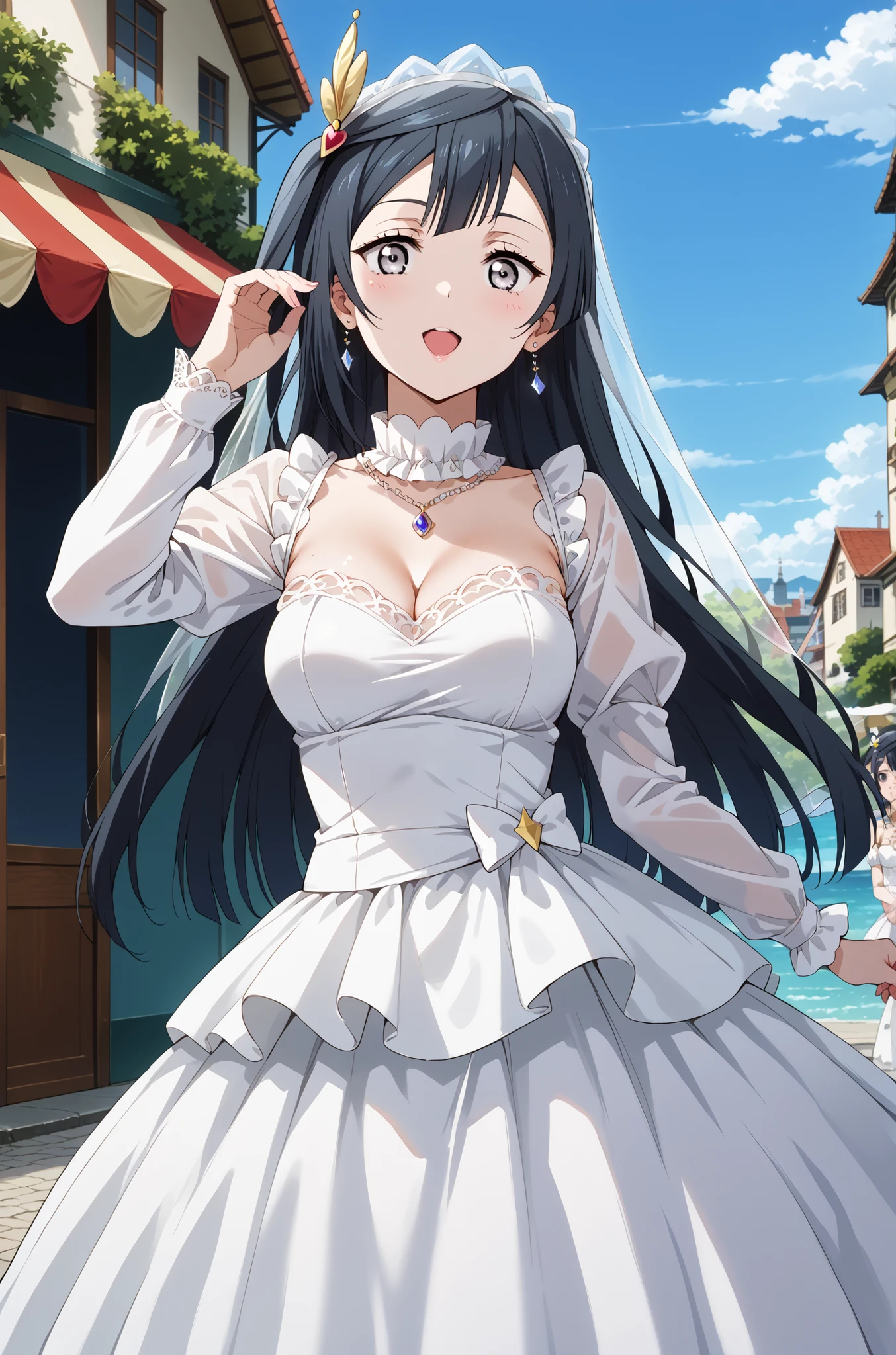 score_9, score_8_up, score_7_up, source_anime, 4K,perfect fingers,(perfect hands, perfect anatomy),prefect lighting, very aesthetic, intricate details,highly detailed background, masterpiece, high quality, best quality,
1girl, setsuna yuuki, yuuki setsuna (love live!), long hair, bangs, black hair, sidelocks, grey eyes, one side up, hair ornament, Large Breast,,
wearing (( transparent tulle wedding dress with long sleeve, )) ,,
((hands on huge hips:1.2)), (((face shot))),