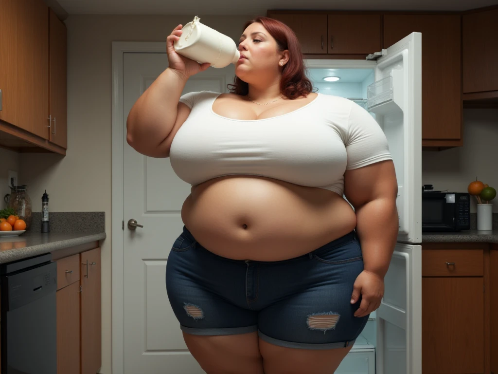 The fattest most obese ussbbw redhead girl ever lived weighting 500kg young extemely obese ussbbw girl with large fat hanging belly over her thights in ripped jeans, and white T-shirt with long curly braided ginger hair, beautiful fat face, blue eyes, freckled face, busty fat obese ussbbw feminine fat body, huge bloated soft hanging belly, fat arms and very thicc tights and very wide hips in a tight white T-shirt and tight jeans smilimg in a fast-food restaurant, eating huge amount of junk-food
