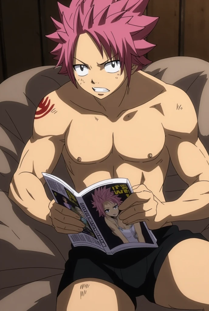 masterpiece, best quality red eyes, game cg, 1boy naked age 35 and V-Line sweating, solo, male focus, (looking at viewer), ((wide smile eyes pinched)) ((white scarf)), upper body sweating, natsu_dragneel Natsu Dragneel, pink hair, brown eyes, shirtless naked, toned muscle sweating, pectorals, 8 abs, toned legs, naked legs, slightly bulged,  detailed background, bedroom lighting, well lit, naked body, bedroom in the background, (naked flaccid penis ), (( half reclining on bed)) ((spread their legs))