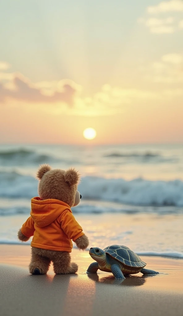 A sunset on the beach, Van Gogh style, vibrant colors, thick brush strokes, Starry Night style with Winnie the Pooh watching the sunset sitting on a log in the sand