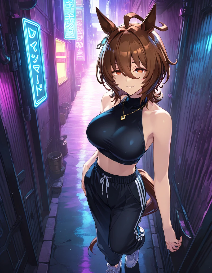 masterpiece, best quality, unity 8k wallpaper, 
1girl, solo, aston machan \(umamusume\), horse tail, horse ears, big breasts, 
standing,  from below,
school swimsuits, wet, cameltoe,