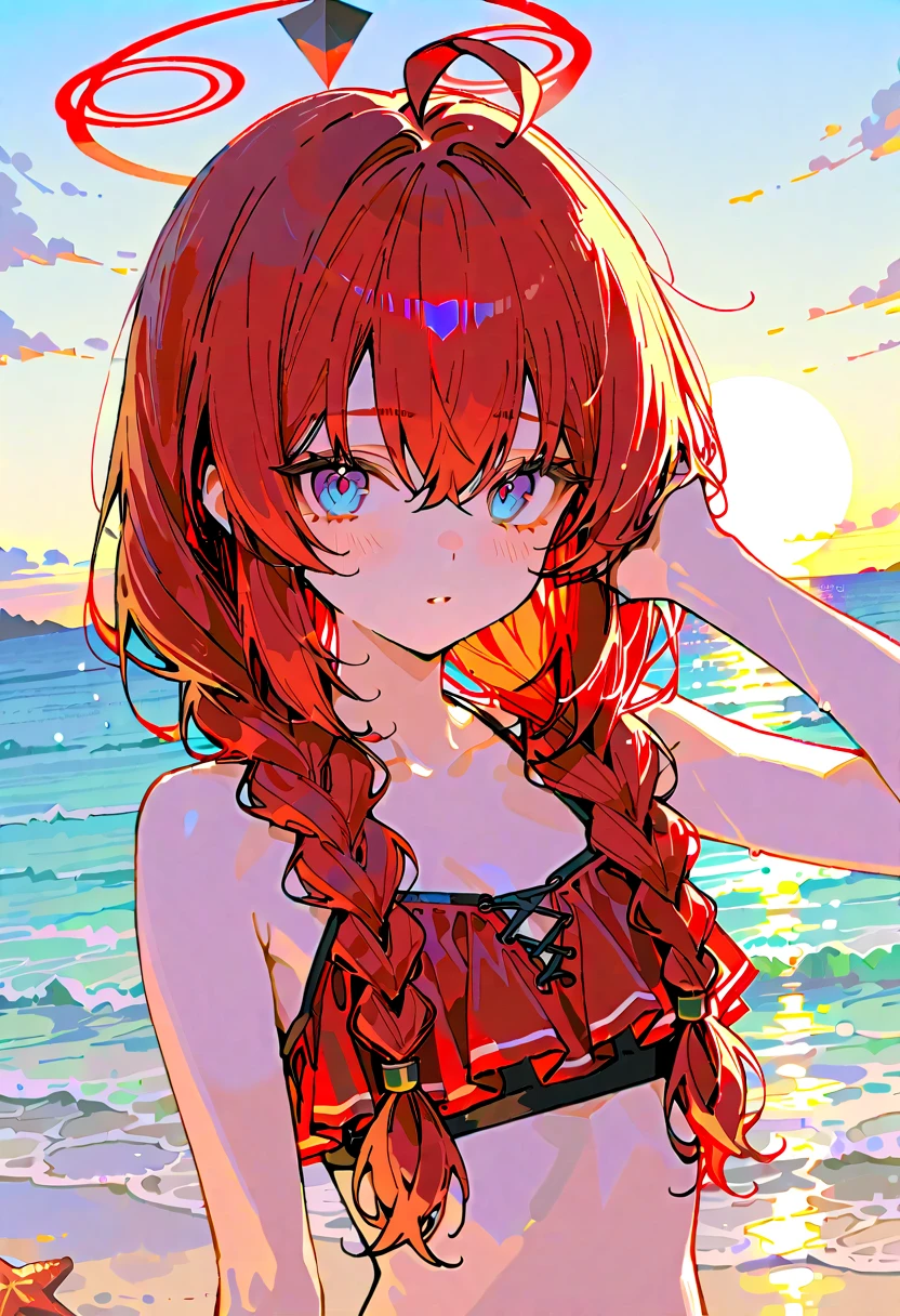 One person girl,Cropped shoulders Smaller bust,Photo portrait,Off-the-shoulder outfit,,Cleavage,Open belly button,Red Hair,Blue Eyes、濡れた赤いbikini,bikini,Swimwear,Sandy Beach,Ocean,Close-up shot,Shade
