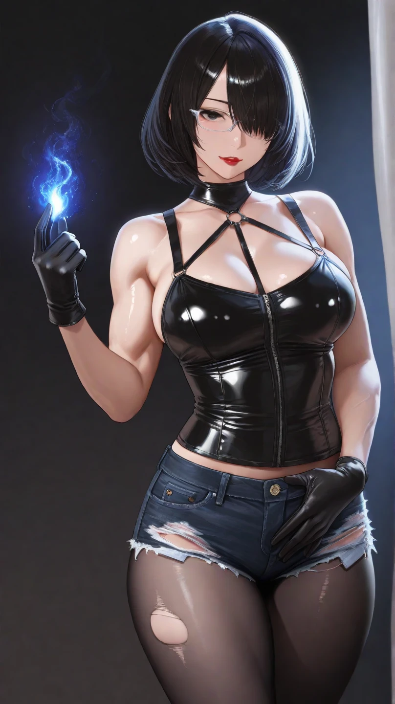 (best quality, masterpiece:1.3), (Detailed:1.2), 1 girl, alone, ((20 age old, Filipino woman, tanned bronze skin:1.02, short black hair:1.3, Detailed amber eyes:1.03, (shiny skin), Shimmering lips, lipstick, detailed face, medium breasts, schlanke Size, (carry: carry: open jacket, Blue strapless top, black leather pants, Belts and bracelets:1.2)), (Size), (Agile Physics:1.1), (Characterfocus),perfect anatomy, She looks into the camera with a carefree and happy expression, Full body, 4k textures, colorful, extremely Detailed eyes and face, beautiful Detailed eyes, keen focus, uniform lighting, crazy details, Intricate detailing, hyperDetailed, rich colors