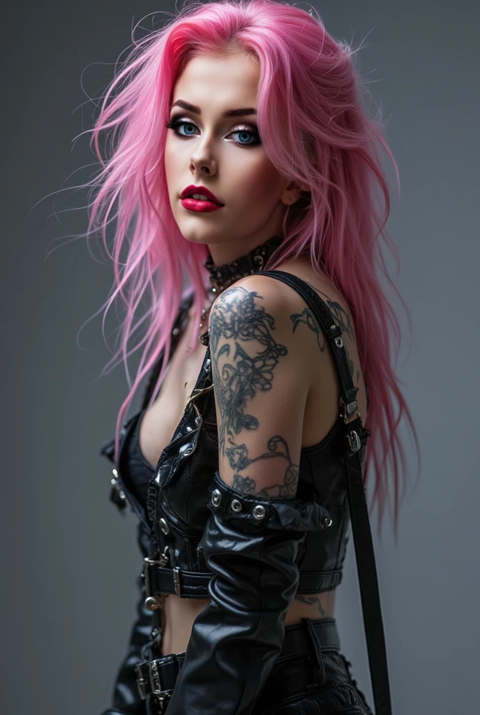 seductive punk goth girl, latex jacket, latex shorts, Choker, wet thin tank top, pink and white hair, Long bangs, pigtails, black lips, pouty lips, Medium GRD, Athletic body, athletic toned butt, Girl from Europe, lots of tattoos, Not a model, Street , Dark atmosphere, The skin is shiny with sweat, Gloomy room, twilight, Chokes, Kneeling;, pain, astonishment, red fluid, leakage from the mouth, Camera from above, A girl's look from her forehead, choking on red water, Hiccup, Kneeling, Tired,A girl's look from her forehead, choking on red water,blood from the mouth, Hiccups