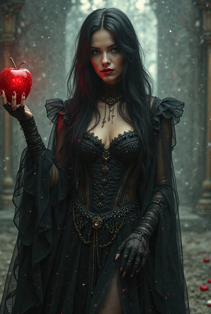 Girl,Black long hair,Black Queen,accessories,Apple in hand,Poison apples,Witch Queen,Red lipstick