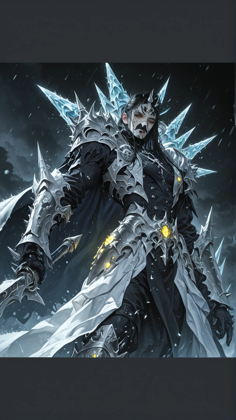 chibi, anthro, a skeletonized man with bits of flesh hanging off his bones, his skull is covered in icicles and frost, intricate carving, wearing a face mask, glowing eye sockets, wearing a frozen blue crown, chromatic aberration, depth of field, soft lighting, masterpiece, best quality, intricate, tone mapped, highly detailed, artstation, concept art, smooth, sharp focus, dramatic lighting, highly detailed artwork, cinematic, hyper realistic painting, trending on Artstation, 8K, incredible shadows, realistic, (highly detailed background:1.0)