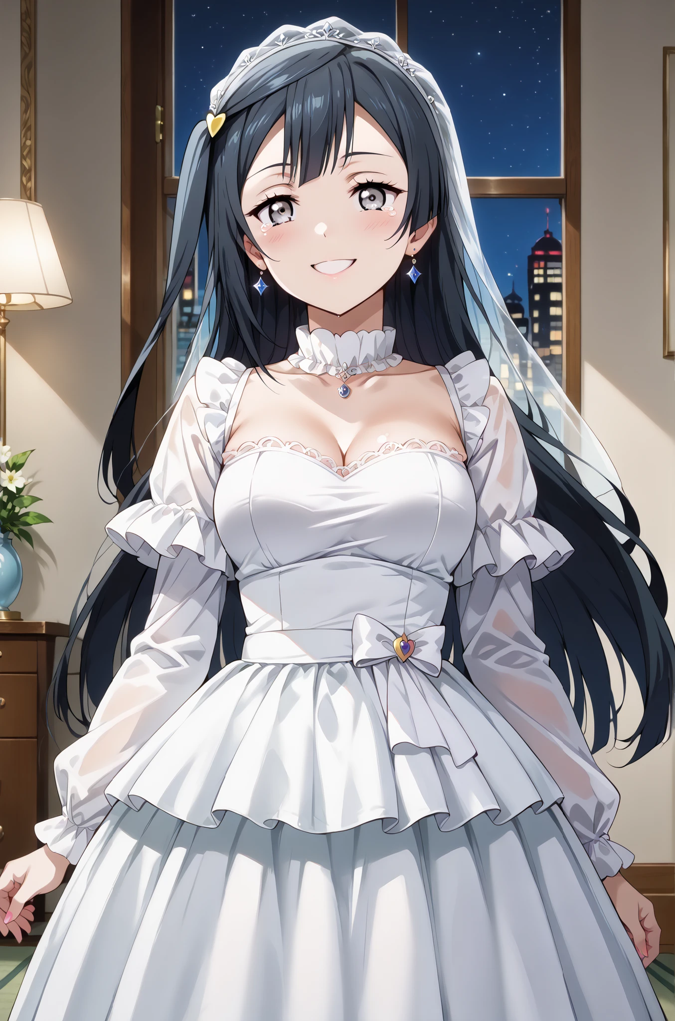 score_9, score_8_up, score_7_up, source_anime, 4K,perfect fingers,(perfect hands, perfect anatomy),prefect lighting, very aesthetic, intricate details,highly detailed background, masterpiece, high quality, best quality,
1girl, setsuna yuuki, yuuki setsuna (love live!), long hair, bangs, black hair, sidelocks, grey eyes, one side up, hair ornament, Large Breast,,
wearing (( transparent tulle wedding dress with long sleeve, )) ,,
((hands on huge hips:1.2)), (((face shot))), Tears in Her Eyes and Stares with Regret , Living room at night, ((seductive smile:1.4)),