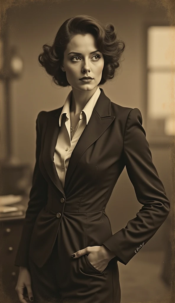 Grace Kelly dressed in sexy businesswoman clothes and smiling