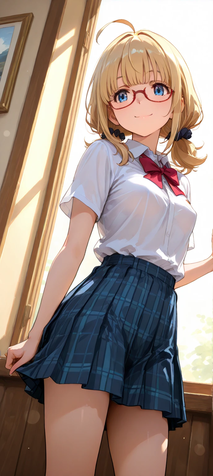 1womanl,12year old,Golden head hair,Beautiful ponytail hairstyle, (Blue High-Waisted Skirt:1.3),, (whiteshirt:1.3), (double-breasted,Underbust:1.2), Short sleeves, buttonGap,A smile,small tits,Sweaty shirt,Thigh sweat,half squatting,Legs wide open,My crotch is wet,