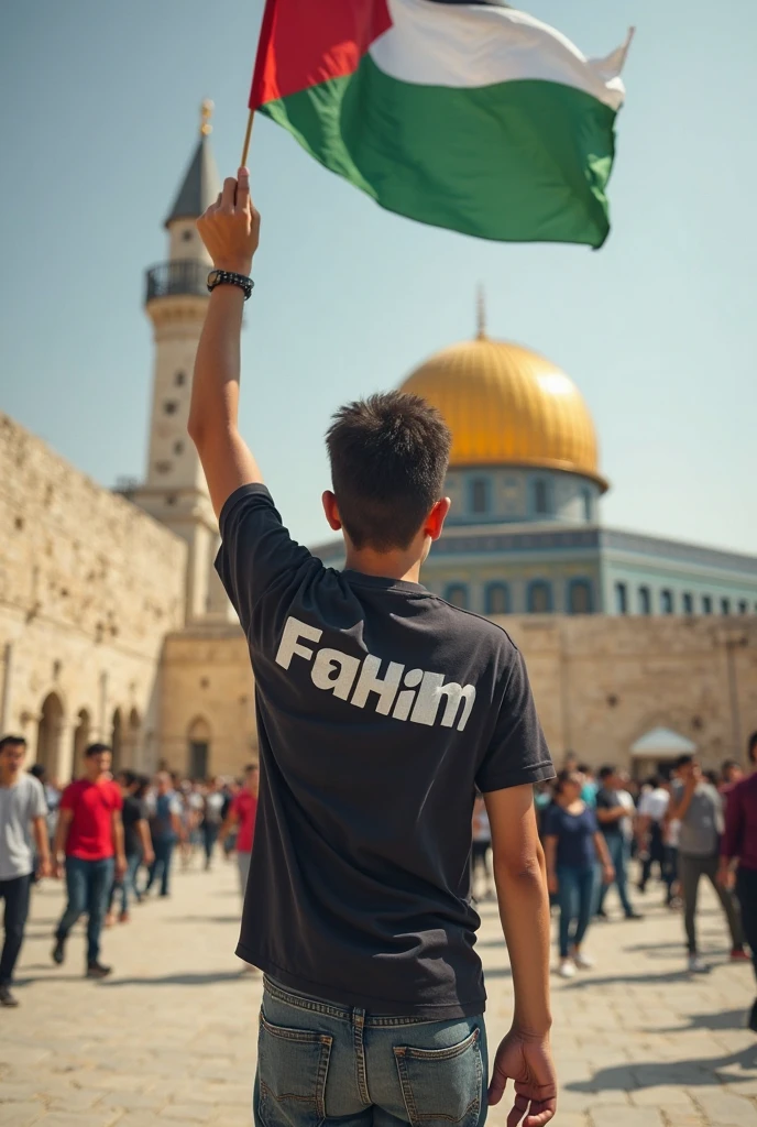 there are palasteen you flags in front A handsome 20 year old boy is standing from front Aqsa،And in his hand is the flag of palasteen،and is wearing a red and green t-shirt with Name HANi written on the back,and two big palasteen flags in front of him , art painting realistic photo and there are so mini flags of palasteen.