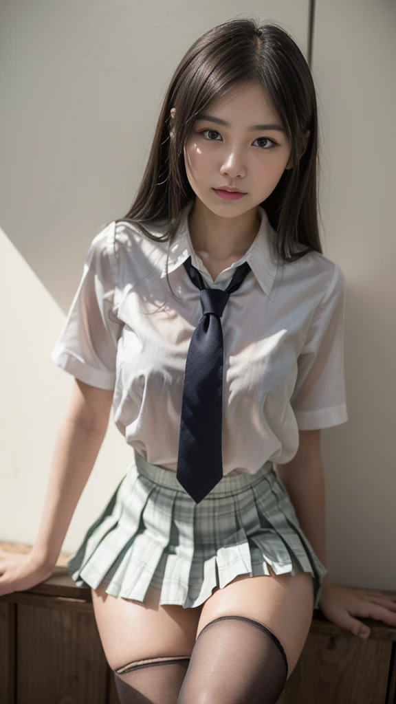 masterpiece, Highest quality, 8k, Young and beautiful girl, Baby Face、The clothes are big、photo shoot, Cute Face, Thighs, Bright classroom, (((Embarrassing)))、Embarrassed、No makeup, 10 generations, Detailed face, Background Blur、Tight waist、((((School uniforms、White shirt、Checked mini skirt、Lift up your skirt、Showing pussy、Show me your pussy)))), ponytail、Light brown hair、((Please lift your skirt yourself in pain.))、Bright classroom、Thighs、Spread your legs、((It looks like he's about to cry))
