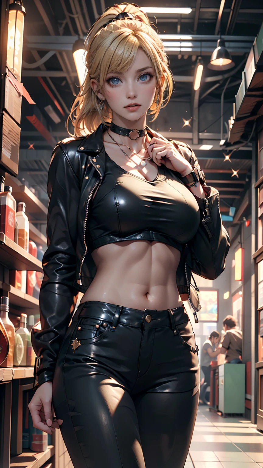 (((of the highest quality: 1.4))),(unparalleled masterpiece ever), (Ultra high definition),(Ultra-realistic 8K CG), offcial art、 (((adult body, super huge enormously gigantic tits, cleavage showing))), (((1girl in))), ((( long golden hair ))), Punk girl with a perfect body, Jacket with metal spines,Beautiful and well-groomed face,Fancy makeup,Detailed punk fashion,leather jackets, (Image from head to thigh),((wheat golden hair Bob Shorthair )), Harajuku-inspired hooded Small leather panties, Simon Bisley's urban savage style,Detailed street background of London,Clean abs, Complex graphics, dark pink with white stars and gray and white stripeany poisonous tattoos )), piercings, 