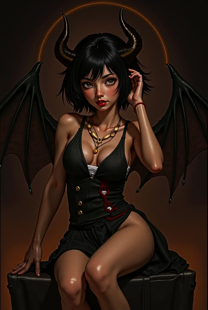 (masterpiece), best quality, expressive eyes, perfect face, front lighting, (outside village ruins on fire at night with moonlight background), (flying), (smirk), (cleavage view), (1girl, milf, nico robin, latina, dark skin, black makeup, black lips, long black hair with bangs, flat straight hairstyle, brown eyes, hourglass figure, skinny body, thin body, petite_body, large breasts, huge breasts, oppai, large cleavage, wide hips, thick thighs), (succubus, succubus outfit, torn clothes, ripped clothes, torn black v-neck laceup bandeau, strapless, sleeveless, croptop, exposed cleavage, torn black thong, torn fishnet stockings, torn gloves, devil wings, devil horns, devil tail),
