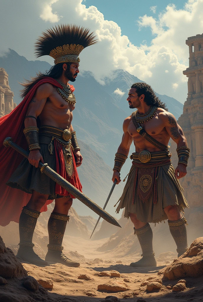 Indigenous man in a loincloth from the 1490s facing a Spanish soldier from the 1490s with a weapon from that period