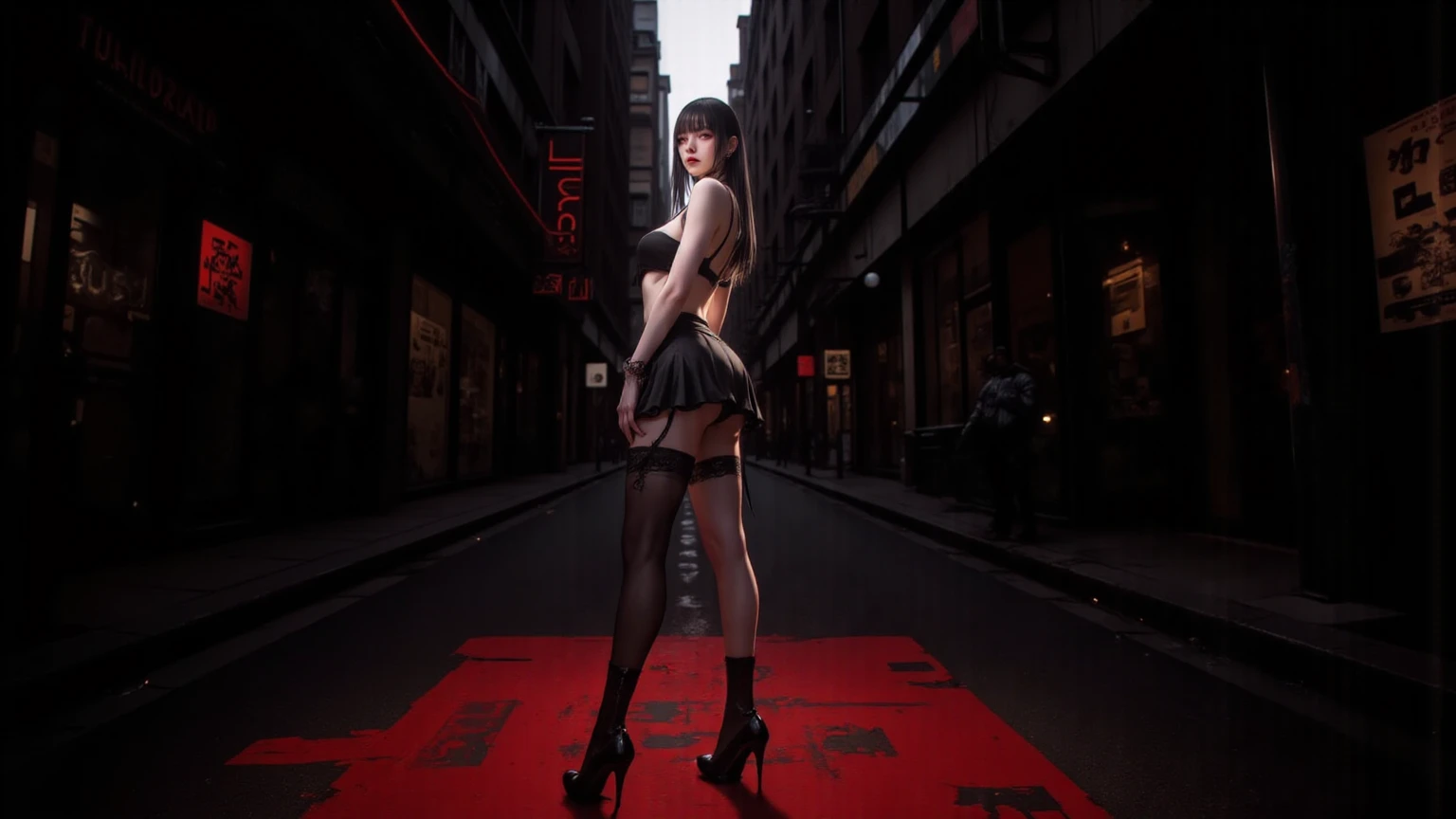 hot ass asian girl, full body, cybernetic mask, black stocking, red high heels, cyberpunk