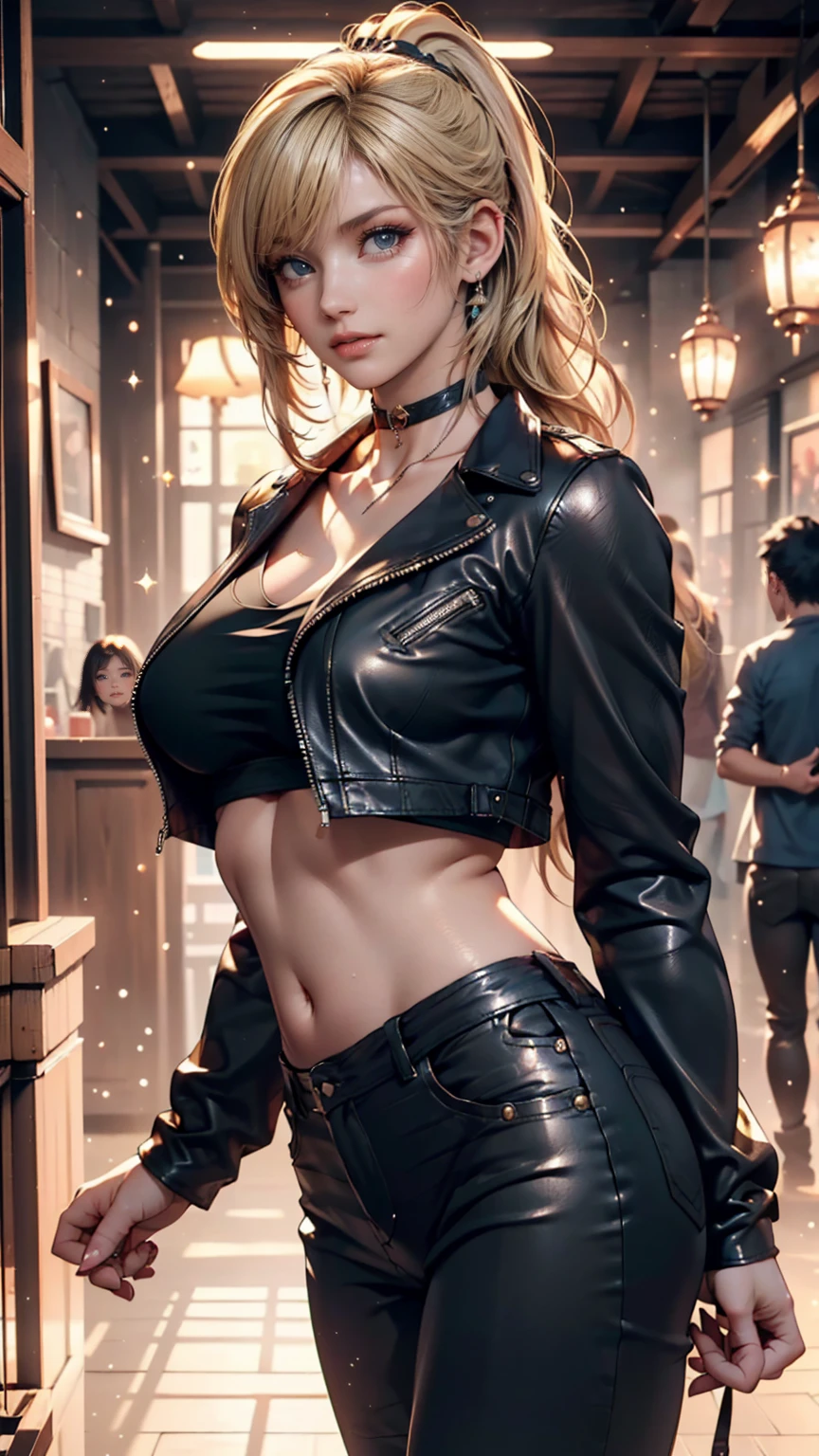 sfw, 4 k、1girl、Beautuful Women、dark、deep-shadows、(short-hair:1.4)、(Short shirts:1.4)、Leather miniskirt、clong legs、small head、small head、Large breasts、shorth hair、((a blond:1.4))、In the hustle and bustle of the night、Bustling stree, wearing bra,((skinny waist)), young asian girl, ((big breasted)),