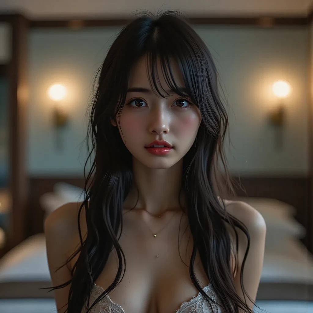 (masterpiece、Realistic、Highest quality、8k、RAW Photos、Ultra-high resolution)、(1 person)、18 year old Japanese female、Cute like an idol、Slender and small breasts、(Realistic depiction of eyes:1.3)、Dark brown medium hair、Dark brown eyes、Beautiful Eyes、double eyelid、Perfect limbs and toes、Realistic looking skin、Professional Lighting、Background blur、Luxury hotel bedroom、A dark room at midnight、King-size bed、White bed sheets and pillows、Pink casual dress、(whole body:1.3)、(Squats on the bed:1.3)