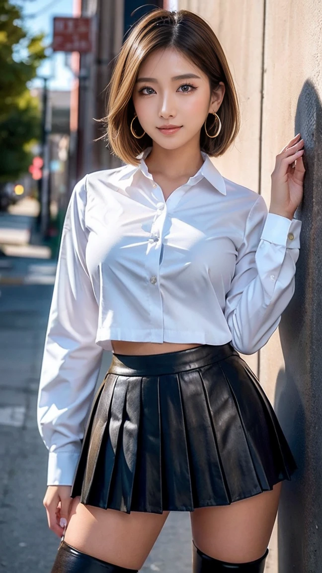 Black women、Dark skin color、windy Skirt、White shirt with puff sleeves and collar、((flare skirt))、Big Breasts、((Straight Hair))、(short blunt bangs)、(New York Cityscape)、Very beautiful woman、Slender women、(Detailed face)、Realistic Skin、((Delicate photo))，(Girl Masterpiece RAW Photo Details:1.25), (Highest quality:1.6), (Ultra-high resolution:1.5), (Realistic:1.75), 8k resolution, Canon EOS R5, 50mm, Absurd, Ultra-detailed,Cinema Lighting、
