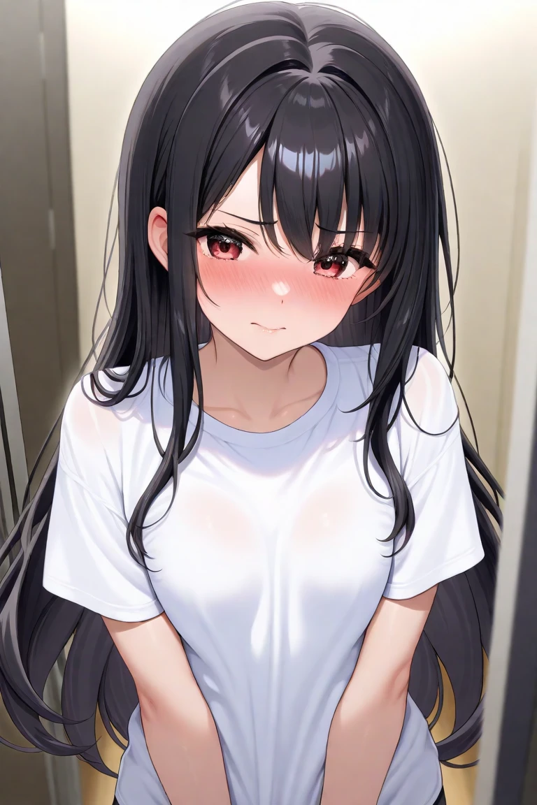 - Female college student- Long black hair,Straight Hair,Hair ends are slightly curled,Scattered on shoulders - big eyes,Black pupil,Long eyelashes - Pretty face - Fair skin - Delicate features - Slim figure,高挑
- 约165cm高
- 胸部full,Papaya shape
- 白色宽松T恤,Slightly longer hem,Covers part of lower body - Small,Hidden under a T-shirt - Barefoot,Rounded Toes - Simple and Clean Restroom,White tiles,Mirror- Jiang Xiaochen standing in front of the mirror,Grab your chest with your hands,White liquid leaking from chest - Slightly red cheeks,Mild sweating,表情Awkward和nervous
- surprise和Puzzled:Eyebrows slightly wrinkled,Eyes wide open,嘴巴微张
- Awkward和nervous:Blushing cheeks,Mild sweating,Hands clasped or crossed over chest - Anxiety:Wandering eyes,Lean forward slightly,Rubbing hands nervously - chest:full,Papaya shape,White liquid spills,Liquid shimmers slightly - Expression:surprise、Puzzled、Awkward、nervous、Anxiety and other emotions alternation - body movements:Grab your chest with your hands,Cross your arms,Rubbing hands nervously - white liquid flowing effect on chest,仿佛正在滴落
- Hair ends are slightly curled的细节,Shows soft hair-delicate skin texture,Showing her youthfulness - Soft ambient light,Highlight the details and expressions of characters