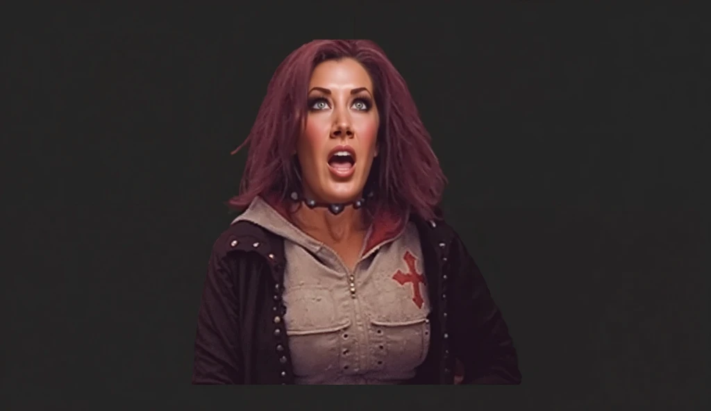 Sexy Woman, forty years old, in Very black biker jacket open, showing her small breasts, , wearing a black higheels, fullbody view, , wearing a Very short and tigh Black panties and leather Black belt, showing and belly Button, bad face , angry face, makeup face, stand in the office , near to desktop.