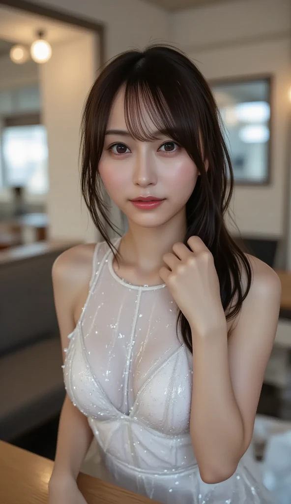 nude, Neat silk dress, panties, ((of the highest quality, 8K, masutepiece: 1.3, Raw photo)), Sharp Focus: 1.2, (1 AESPA Girl :1.1), (Solo: 1.15), (Realistic, Photorealistic: 1.37), (Face Focus: 1.1), Cute face, hyperdetailed face, Short messy hair, updo, Small breasts, flat chest, sitting on the table, spread legs, Thigh, cafe, bar,