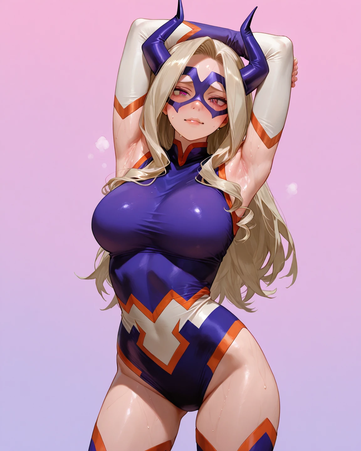a cartoon image of a woman in a purple outfit and horns, oppai, thicc, sfw version, commission for high res, oppai proportions, big breasts!, big breasts!!, marin kitagawa fanart, oc commission, cutesexyrobutts, biomechanical oppai, ahegao, clean cel shaded, fullbody commission for, with a large breasts