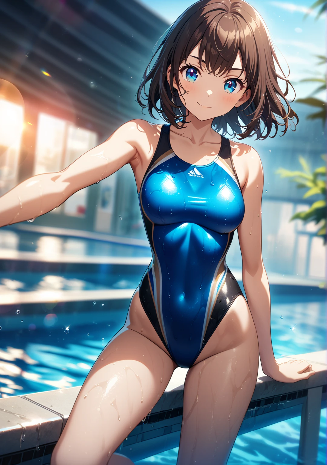 rating_explicit, anime coloring, (anime cels style, high resolution, photorealistic), nsfw, (super fine illustration:1.3), (best quality:1.2), (masterpiece:1.2), top-quality, delicate features, delicate skin, beautiful lighting, ((1girl)), perfect face, perfect eyes, detailed hair, outfit perfect, beautiful breasts, perfect body, perfect anatomy, perfect chest, perfect hips, perfect legs and feet, perfect hands, perfect fingers, ((large breasts:1.4)), (small nipple:1.1), beautiful thigh, beautiful legs, curvy body, Attractive body, Voluptuous body, Attractive legs, ultra detailed eyes, Erotic, Pupils, sexy pose, dynamic pose, dynamic background, (shiny skin:1.2), ultra detailed clothing, pretty, cute, ((oily skin:1.3)), (Super oily and shiny skin with fine texture:1.1), beautiful oil-covered thighs, blush, (light smile:1.4), open mouth, (orgasm), afterglow, (small labia majora:1.2), (small beautiful areola:1.3), (beautiful nipples:1.2), (perfect proportions), (sweat-soaked body), (((dark blue color Competitive swimsuit:1.4))), (((beautiful dark blue and white two-tone one-piece Competitive swimsuit:1.4))), body is wet, shiny swimsuit, shiny clothes, shiny body, BREAK, ((clothed)), ((invisible breasts)), ((covered breasts:1.5)), BREAK, ((outdoors school pool)), blue sky, beautiful light blue water surface, sensual look, 1 cute girl, (close to viewer), cowboy shot, intricate, (breast squeeze), breast grab, (sitting on boy), (girl on top), (1boy), penis, hetero, sweat, penis, pussy, solo focus, spread legs, legs up, cum, sex, vaginal, (swimusuit aside), cum in pussy, straddling, cowgirl position, motion lines, motion blur, ((facing the front, straight-on:1.5)), cameltoe, navel focus, blowing in the wind, flutter, kyoto style, point of view shot, front view, more detail XL, absurdres, ((arihara)), ((motion sex), anime, fine anime screencap, official art, official style, megami magazine,