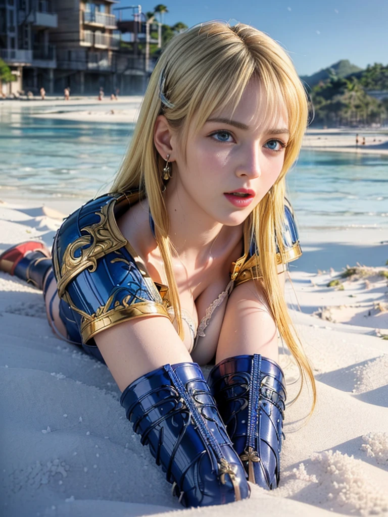 (((masterpiece, best quality))), (((high quality))), (((high resolution illustration))), (((hyper detail))),NSFW, (((Wordsworth's Sharon))),(((Very beautiful long blonde hair))), (((Very beautiful face))), ((((Detailed face)))),(((very beautiful blue eyes))),(((Realistic Skin))),(((her face is flushed))),(((slim body))),(((slim thighs))),(((small breasts))),(((very beautiful slender legs))),(((gold and blue and red and black and white armor with extremely detailed and intricate decoration))),(((sky blue and silver skirt with extremely detailed and intricate decoration))),(((boots with extremely detailed and intricate decoration))),(((beautiful earrings))),(((beautiful hair ornaments))),(((in the sea at the very beautiful beach))),(((wet her skin))),(((1boy))),(((very angry))),(((she is sitting with a boy ))),(((from below)))